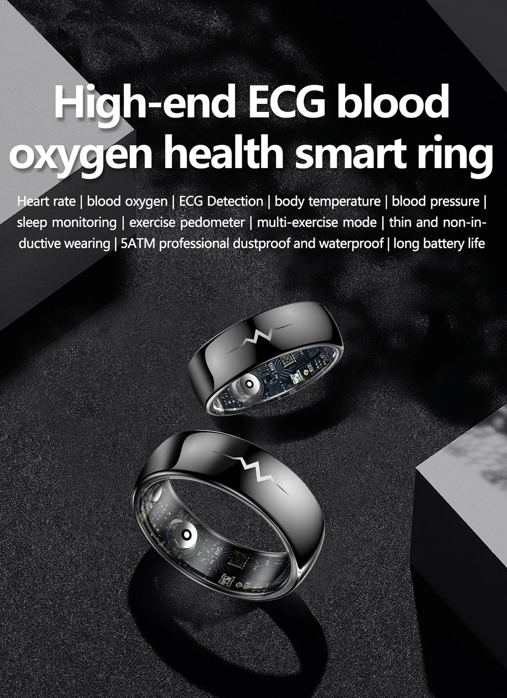 ECG Health Smart Ring – Heart, Blood Oxygen, Sleep Monitor, 5ATM Waterproof
