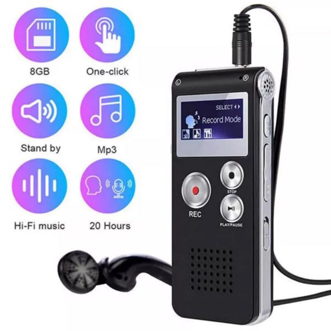 Digital Voice Recorder MP3 Player – 8GB Mini USB Audio Recorder
