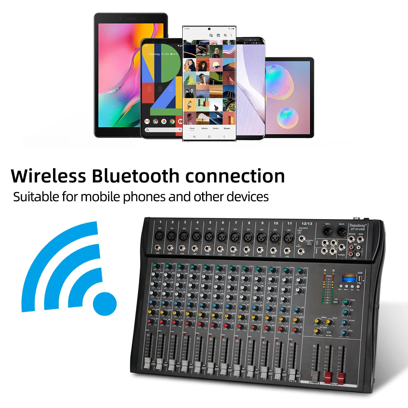 Depusheng 12-Channel Audio Mixer – Bluetooth, USB, 48V Phantom Power