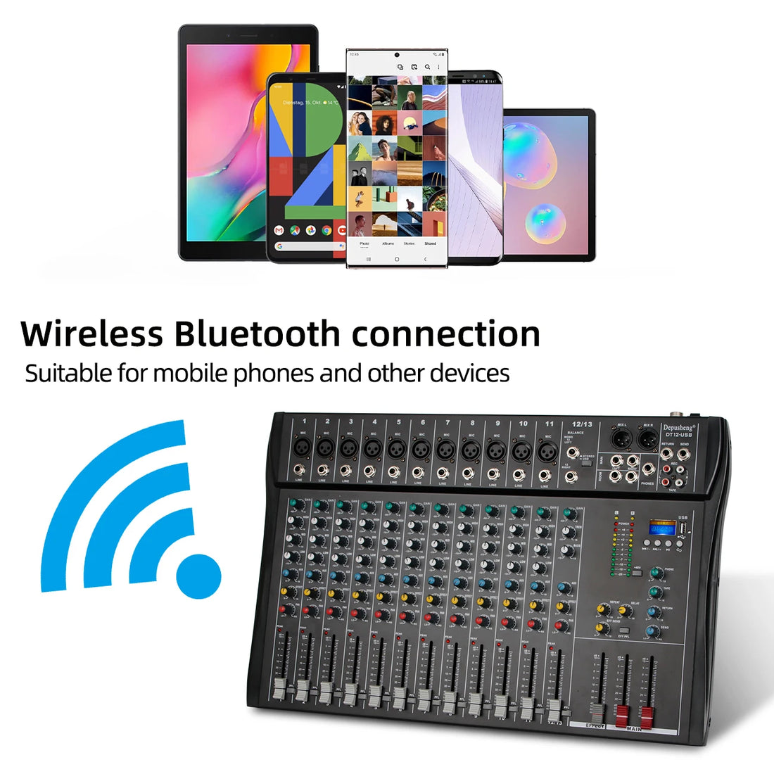 Depusheng 12-Channel Audio Mixer – Bluetooth, USB, 48V Phantom Power