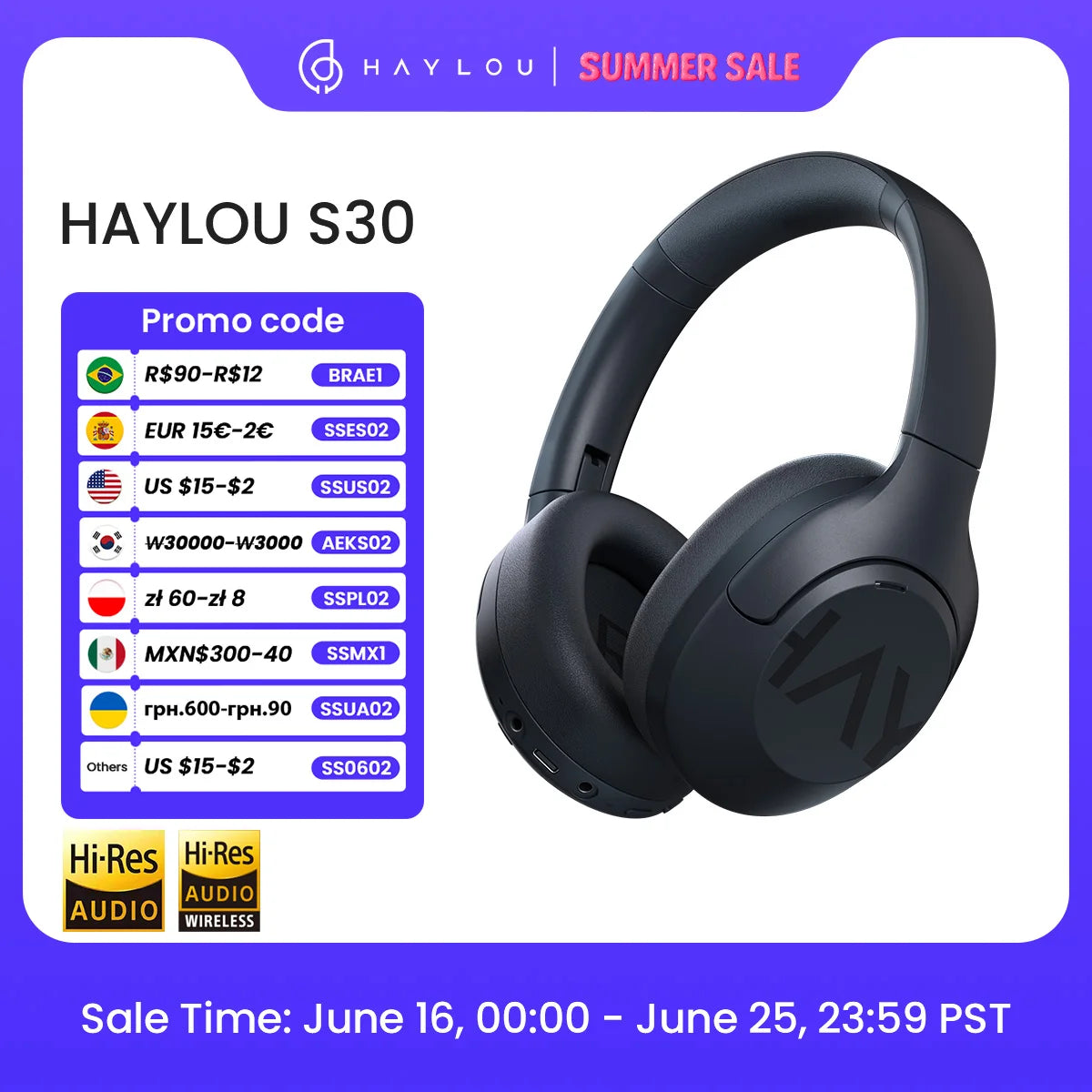 HAYLOU S30 Wireless Bluetooth 5.4 Headphones with ANC & 80H Playtime
