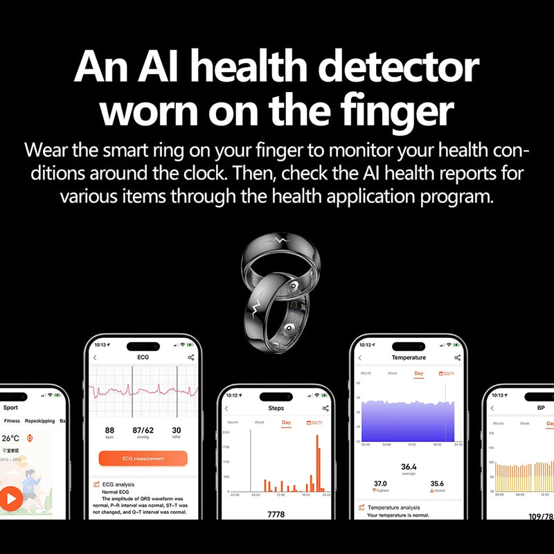 ECG Health Smart Ring – Heart, Blood Oxygen, Sleep Monitor, 5ATM Waterproof