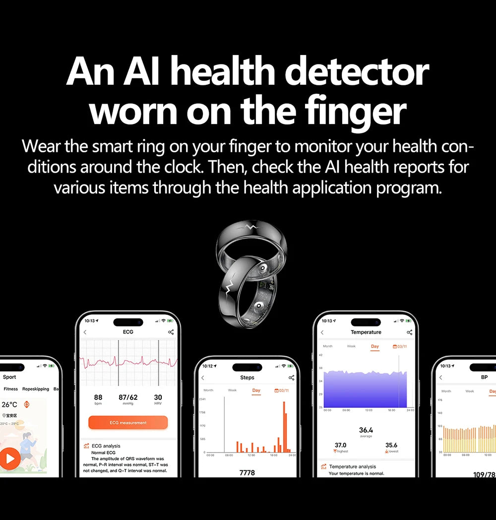 ECG Health Smart Ring – Heart, Blood Oxygen, Sleep Monitor, 5ATM Waterproof