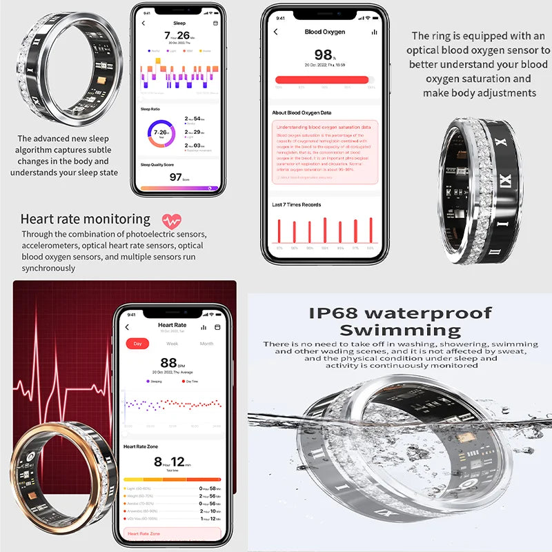 Diamond Inlaid Smart Ring – Health & Fitness Tracker for iPhone/Android