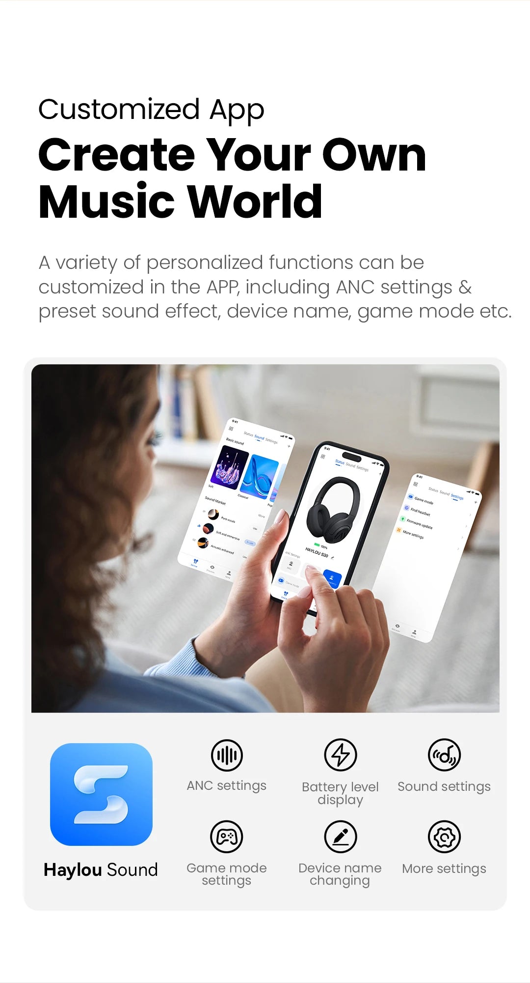 HAYLOU S30 Wireless Bluetooth 5.4 Headphones with ANC & 80H Playtime