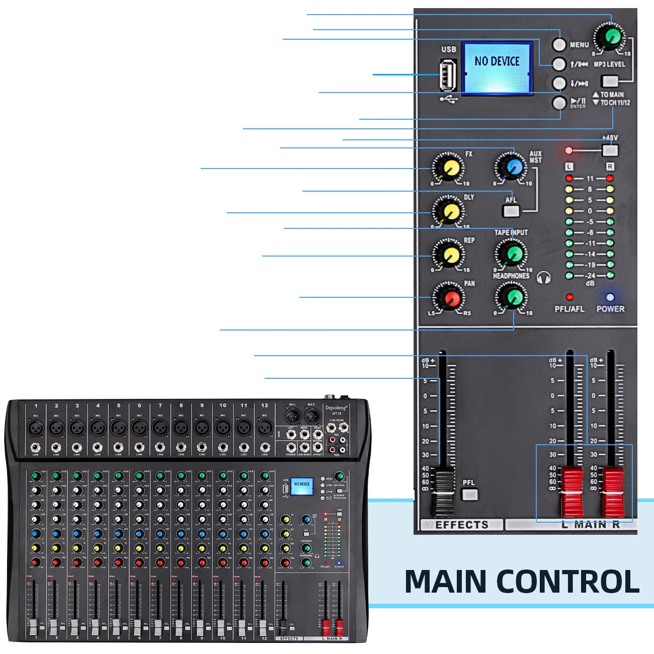 Depusheng 12-Channel Audio Mixer – Bluetooth, USB, 48V Phantom Power