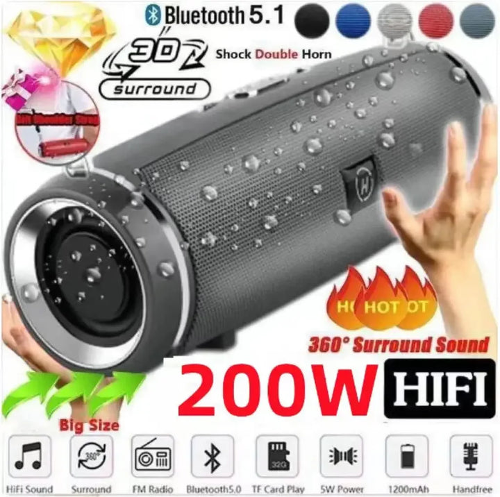 200W Portable Bluetooth Speaker – IPX7 Waterproof Outdoor Boombox with Subwoofer & FM Radio