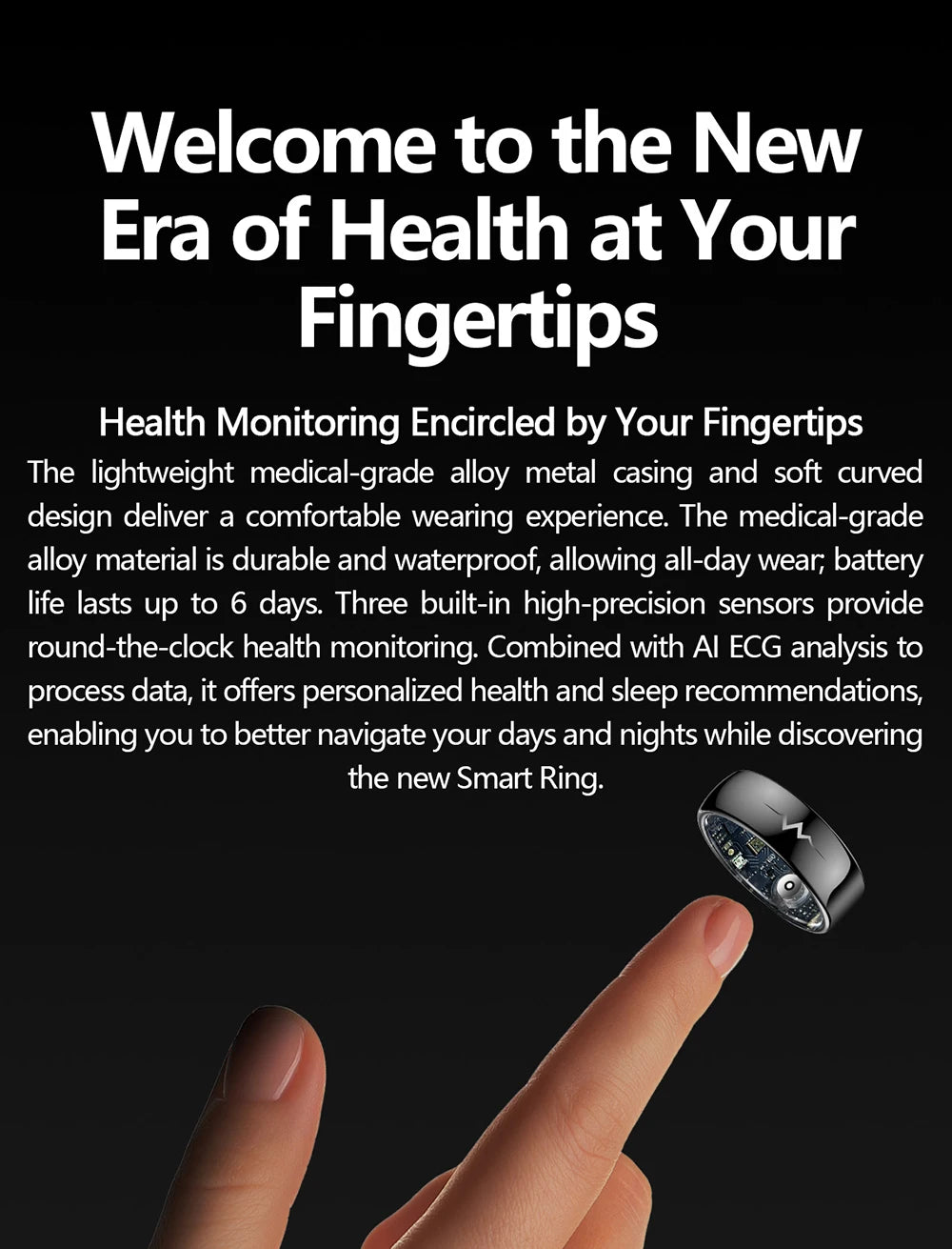 ECG Health Smart Ring – Heart, Blood Oxygen, Sleep Monitor, 5ATM Waterproof