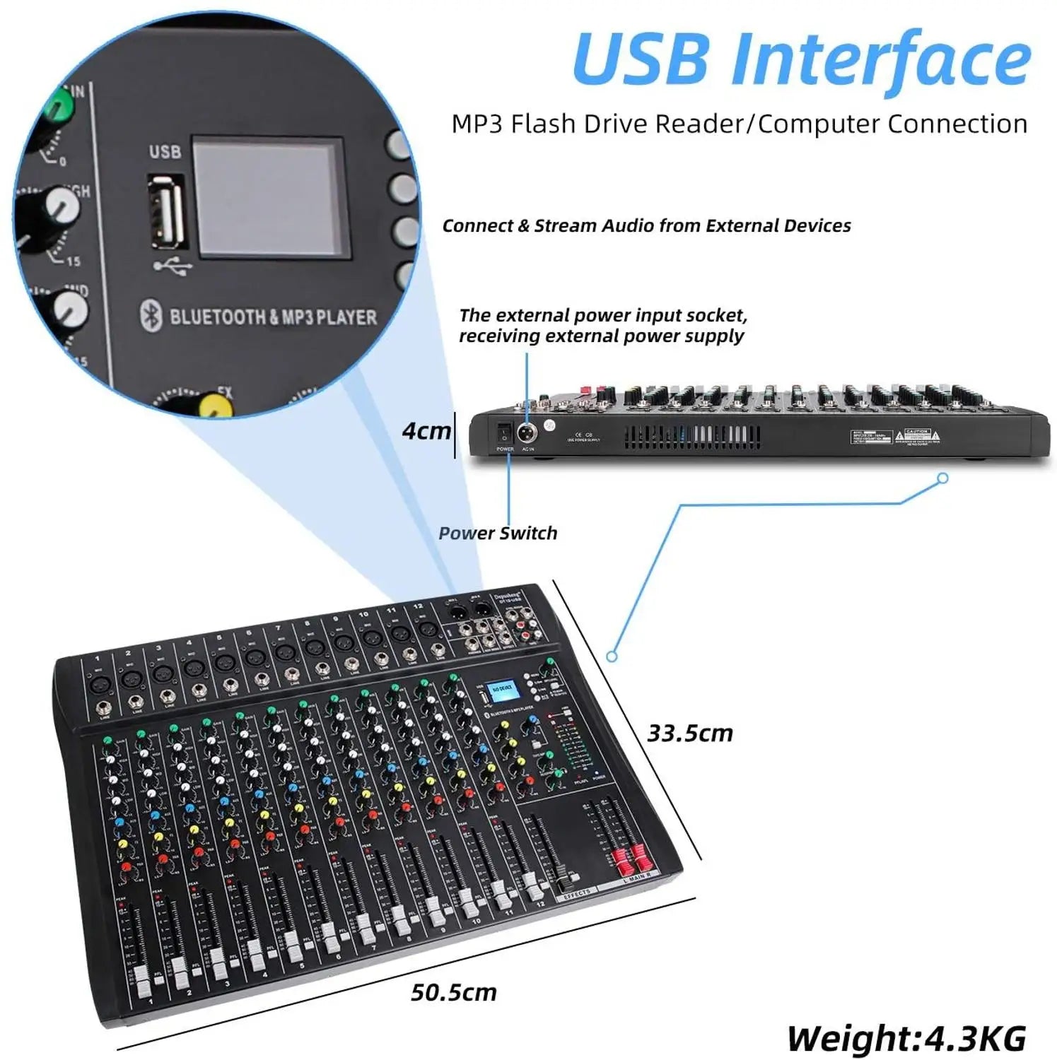 Depusheng 12-Channel Audio Mixer – Bluetooth, USB, 48V Phantom Power