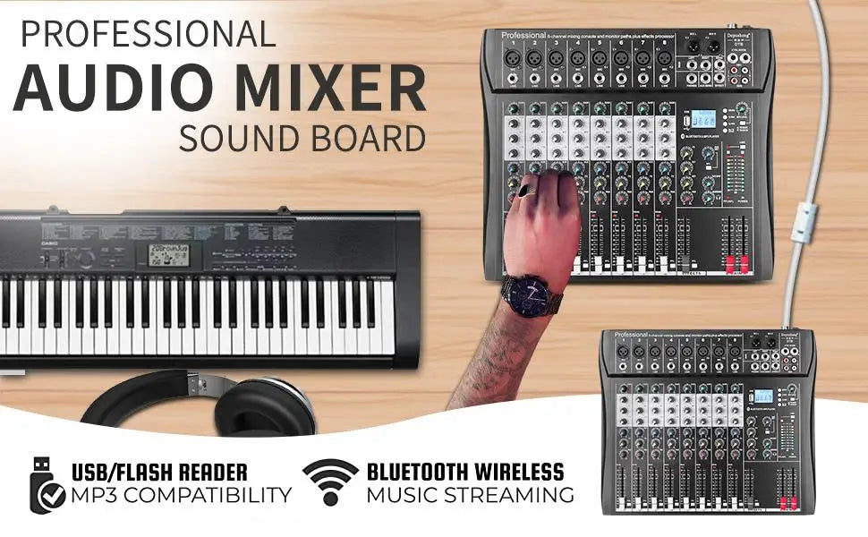 Depusheng 12-Channel Audio Mixer – Bluetooth, USB, 48V Phantom Power