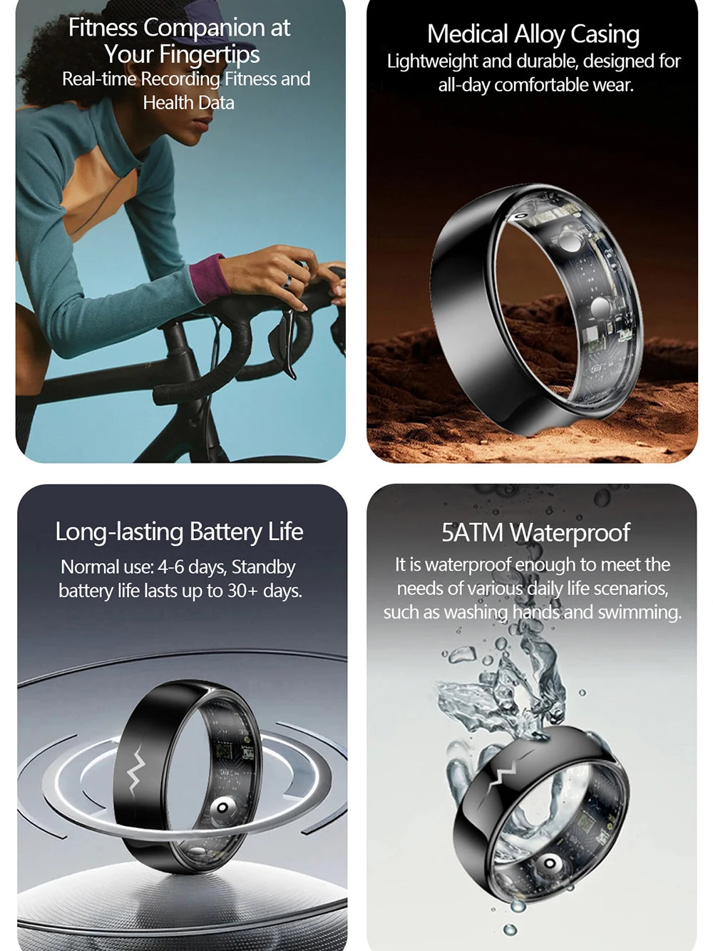 ECG Health Smart Ring – Heart, Blood Oxygen, Sleep Monitor, 5ATM Waterproof