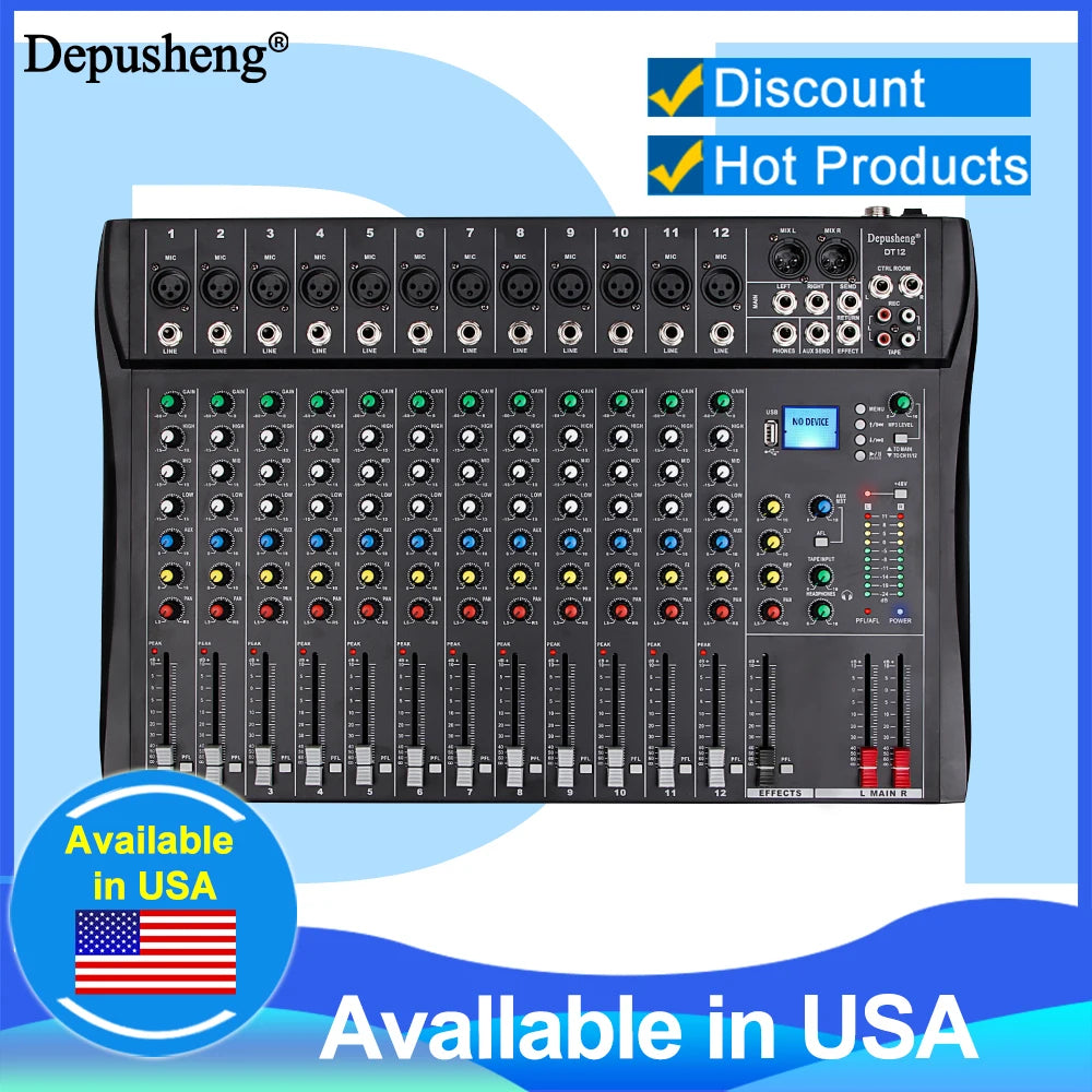 Depusheng 12-Channel Audio Mixer – Bluetooth, USB, 48V Phantom Power