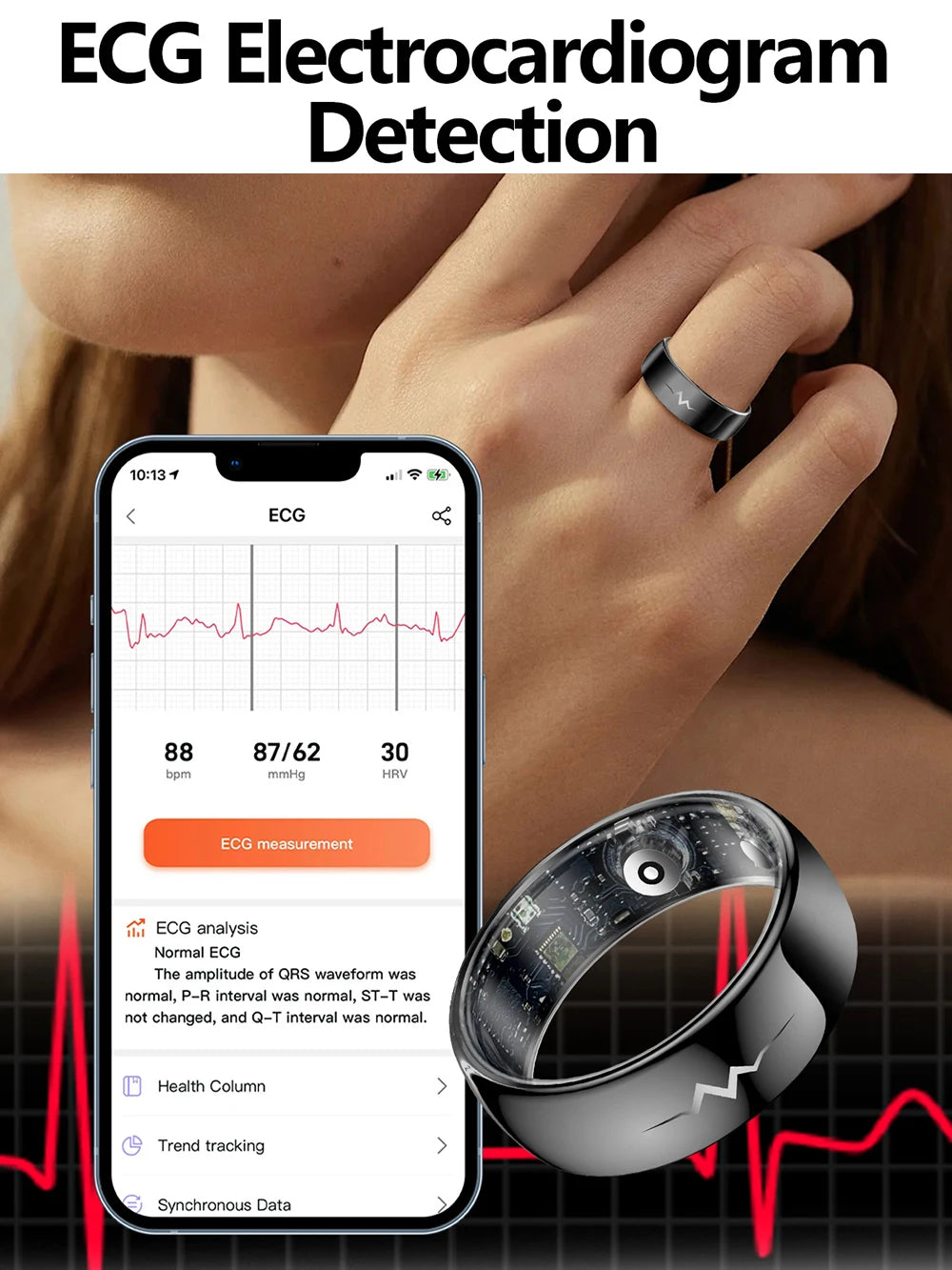 ECG Health Smart Ring – Heart, Blood Oxygen, Sleep Monitor, 5ATM Waterproof