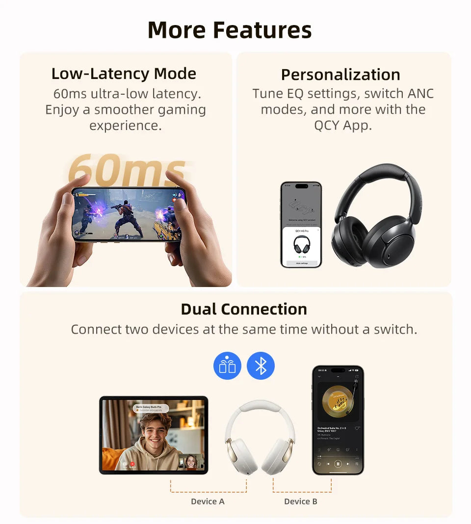 QCY H3 Pro ANC Wireless Headphones – 50dB Noise Canceling, Hi-Res Audio