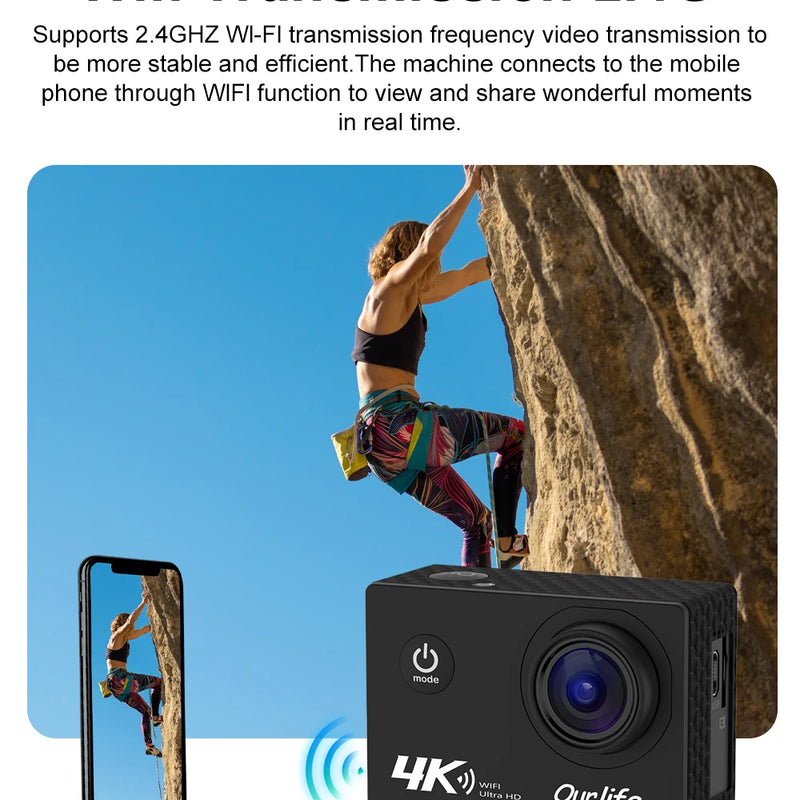 Ourlife 4K Action Camera Ultra HD 16MP WiFi 2.0 inch Screen 170D DVR Webcam Underwater 30M Helmet Video Recording Sport Camera