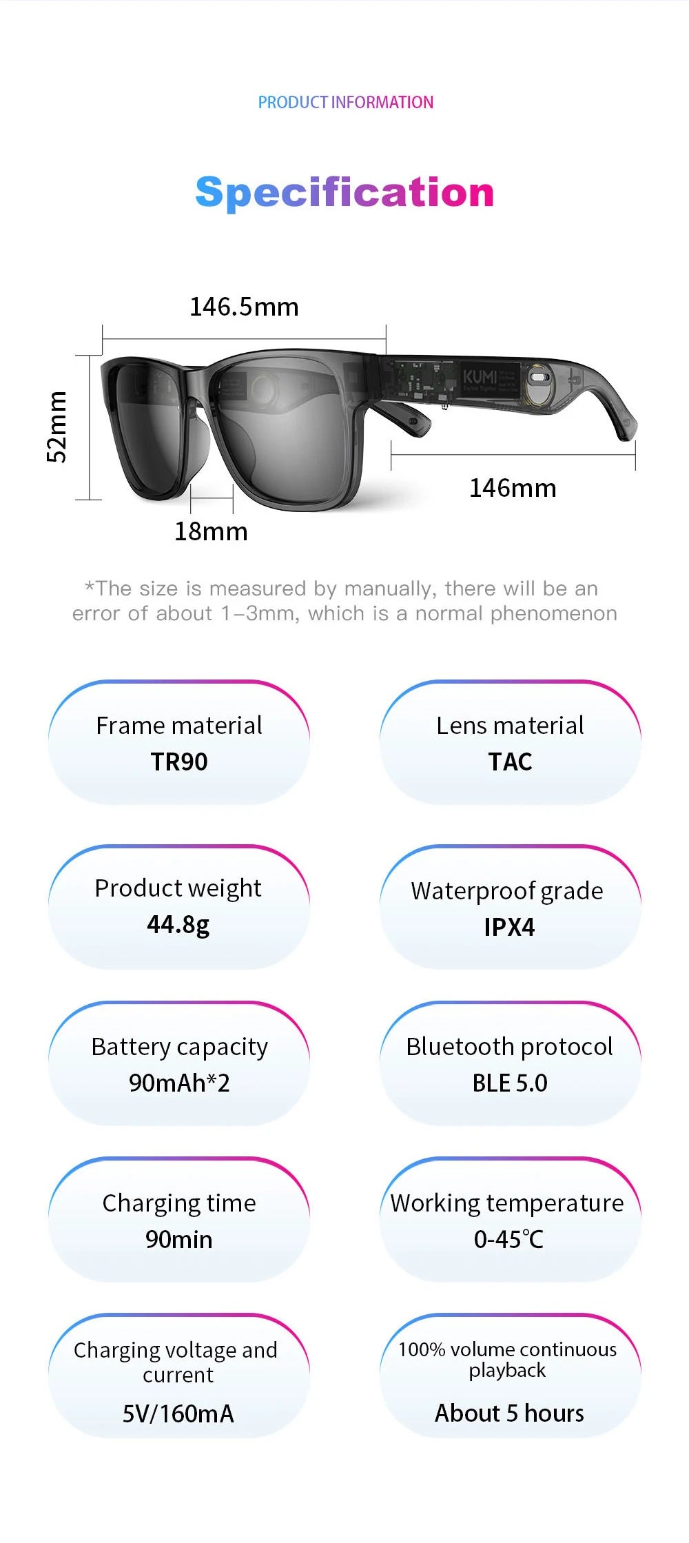 KUMI Meta V1 Smart Bluetooth Sunglasses with AI & Open-Ear Audio