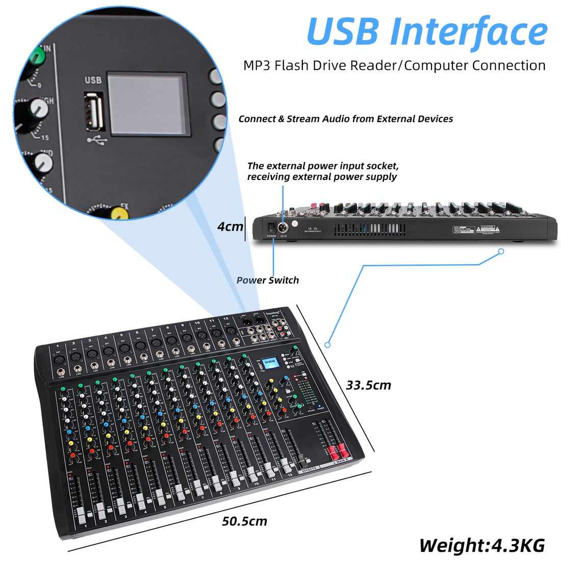 Depusheng 12-Channel Audio Mixer – Bluetooth, USB, 48V Phantom Power