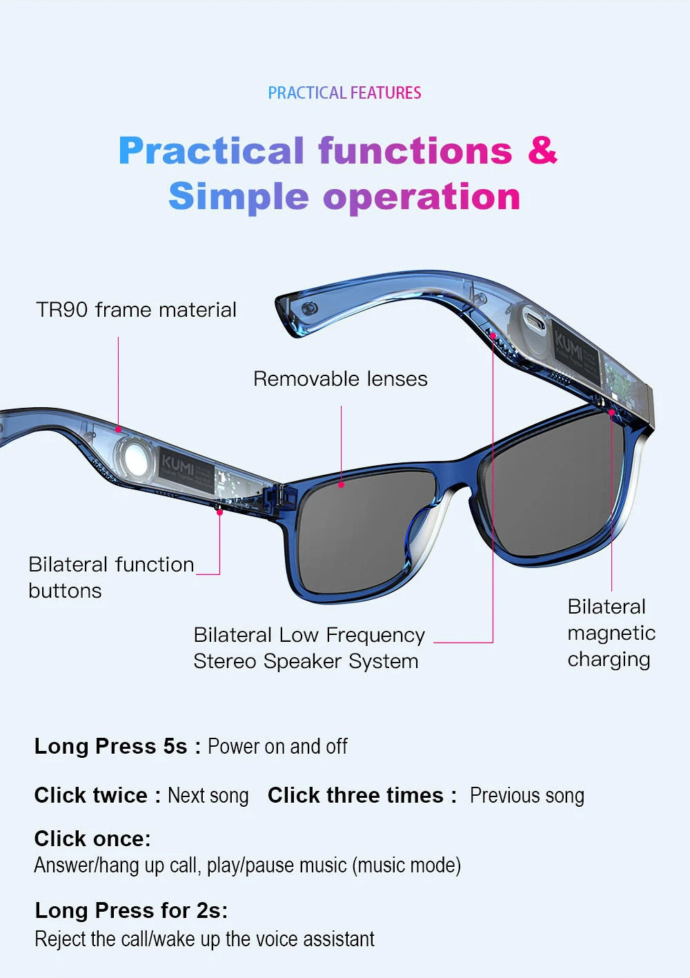 KUMI Meta V1 Smart Bluetooth Sunglasses with AI & Open-Ear Audio