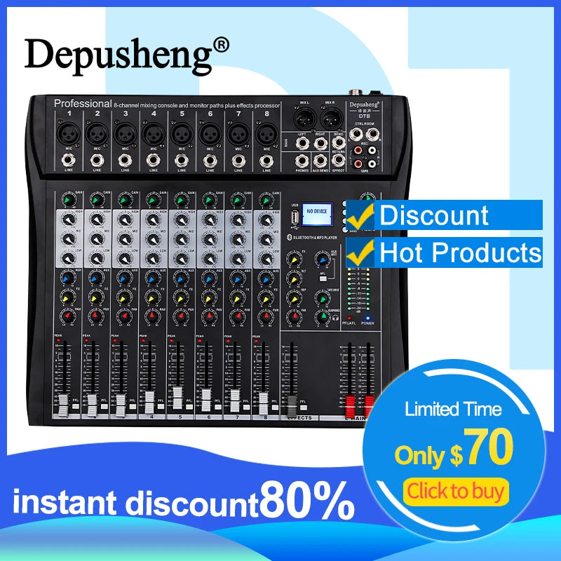 Depusheng 12-Channel Audio Mixer – Bluetooth, USB, 48V Phantom Power