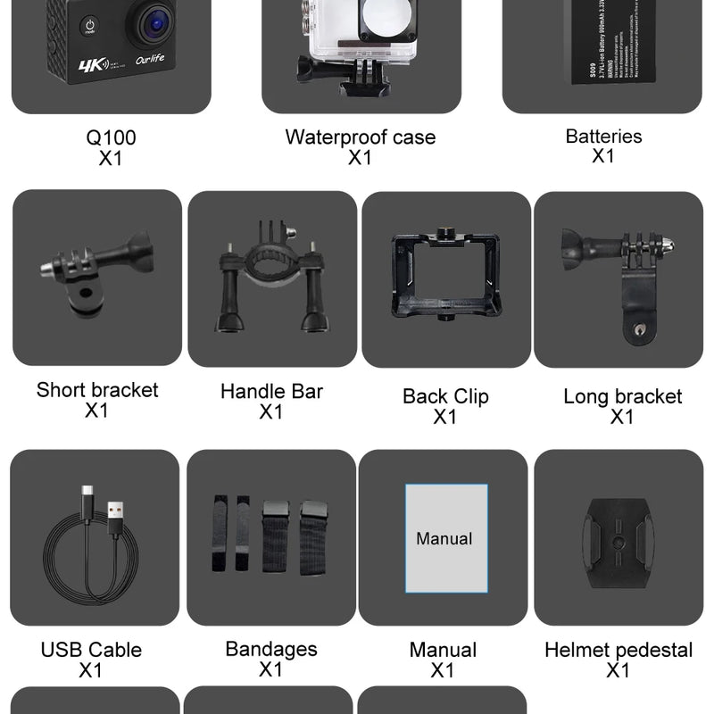 Ourlife 4K Action Camera Ultra HD 16MP WiFi 2.0 inch Screen 170D DVR Webcam Underwater 30M Helmet Video Recording Sport Camera