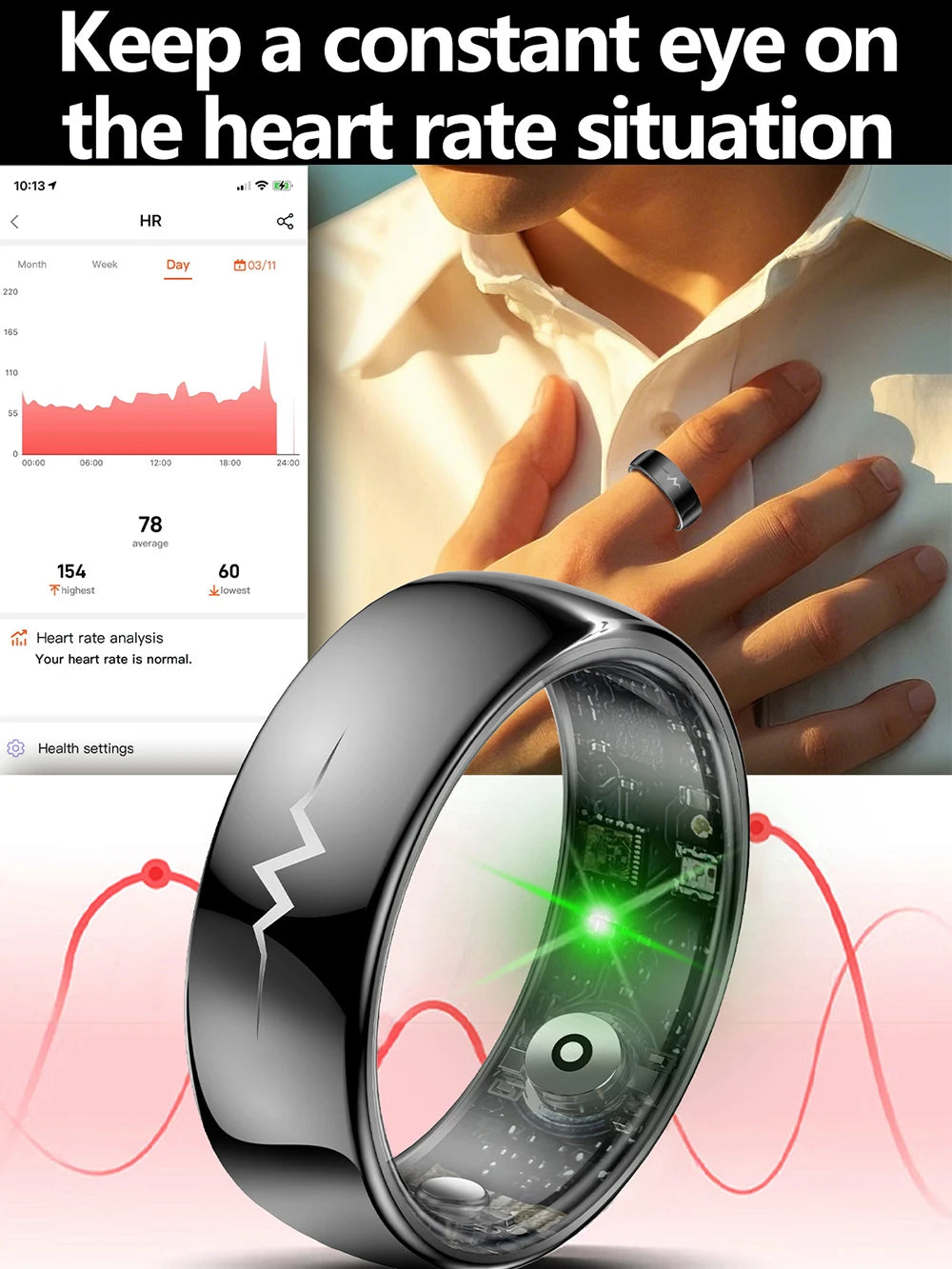 ECG Health Smart Ring – Heart, Blood Oxygen, Sleep Monitor, 5ATM Waterproof
