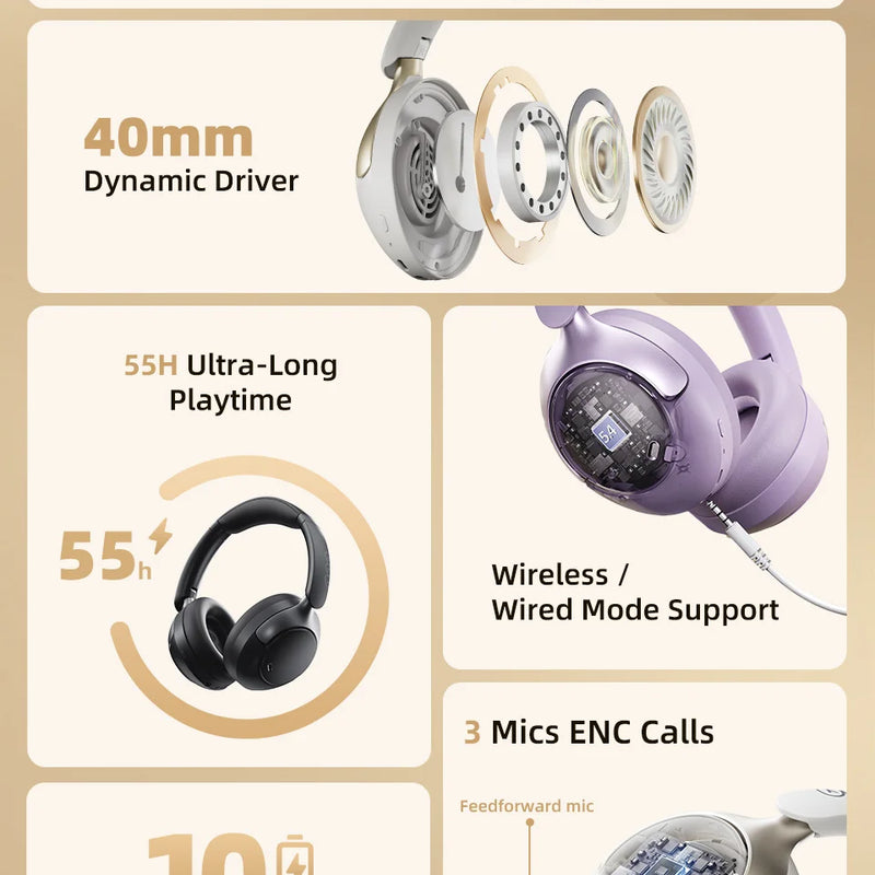 QCY H3 Pro ANC Wireless Headphones – 50dB Noise Canceling, Hi-Res Audio