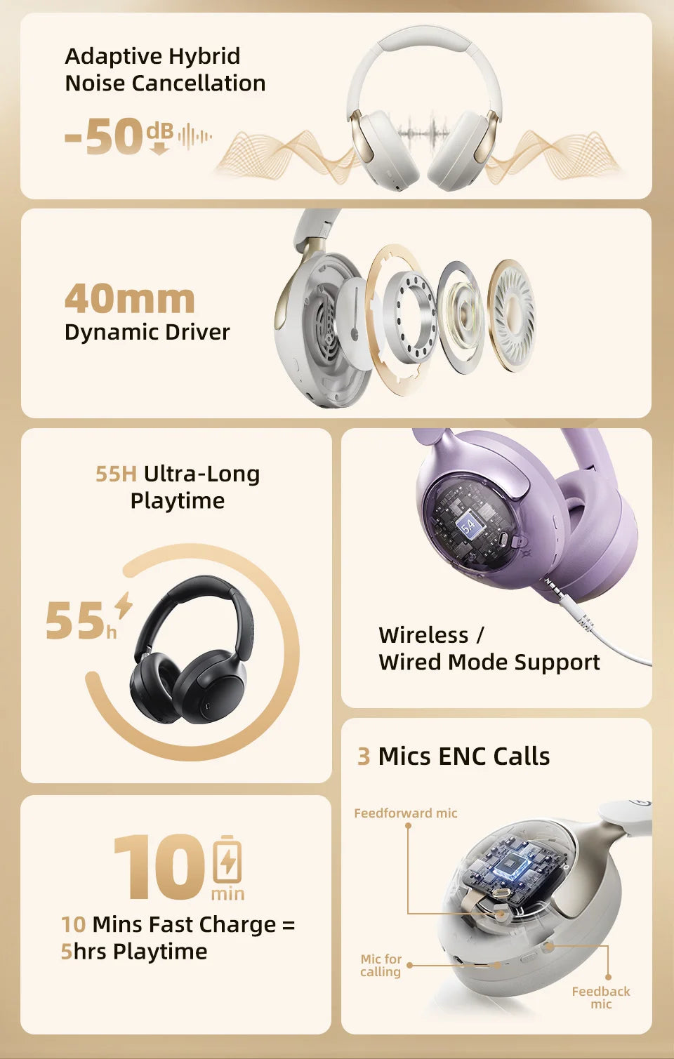 QCY H3 Pro ANC Wireless Headphones – 50dB Noise Canceling, Hi-Res Audio