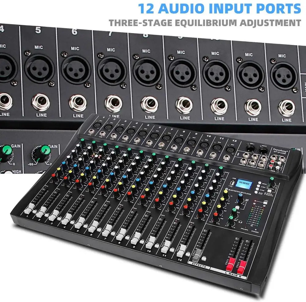 Depusheng 12-Channel Audio Mixer – Bluetooth, USB, 48V Phantom Power