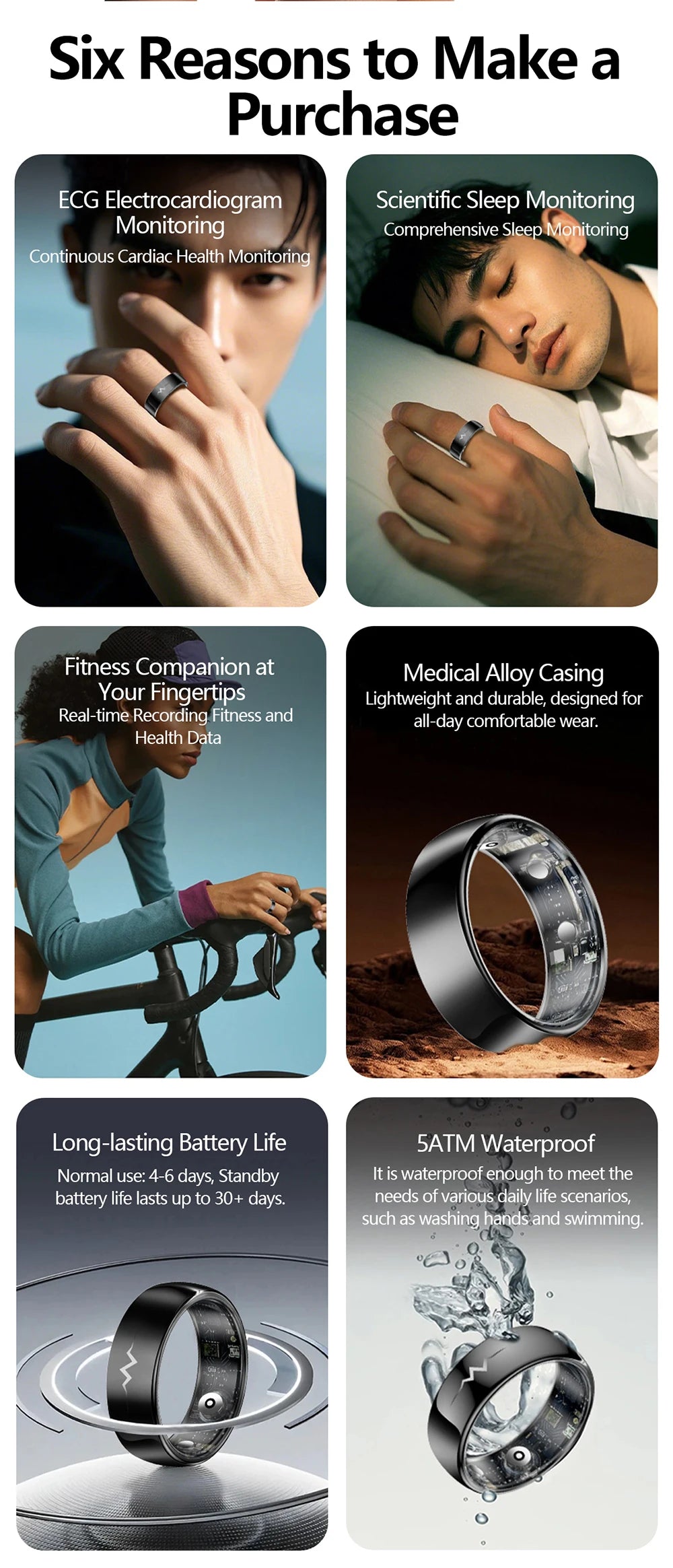 ECG Health Smart Ring – Heart, Blood Oxygen, Sleep Monitor, 5ATM Waterproof