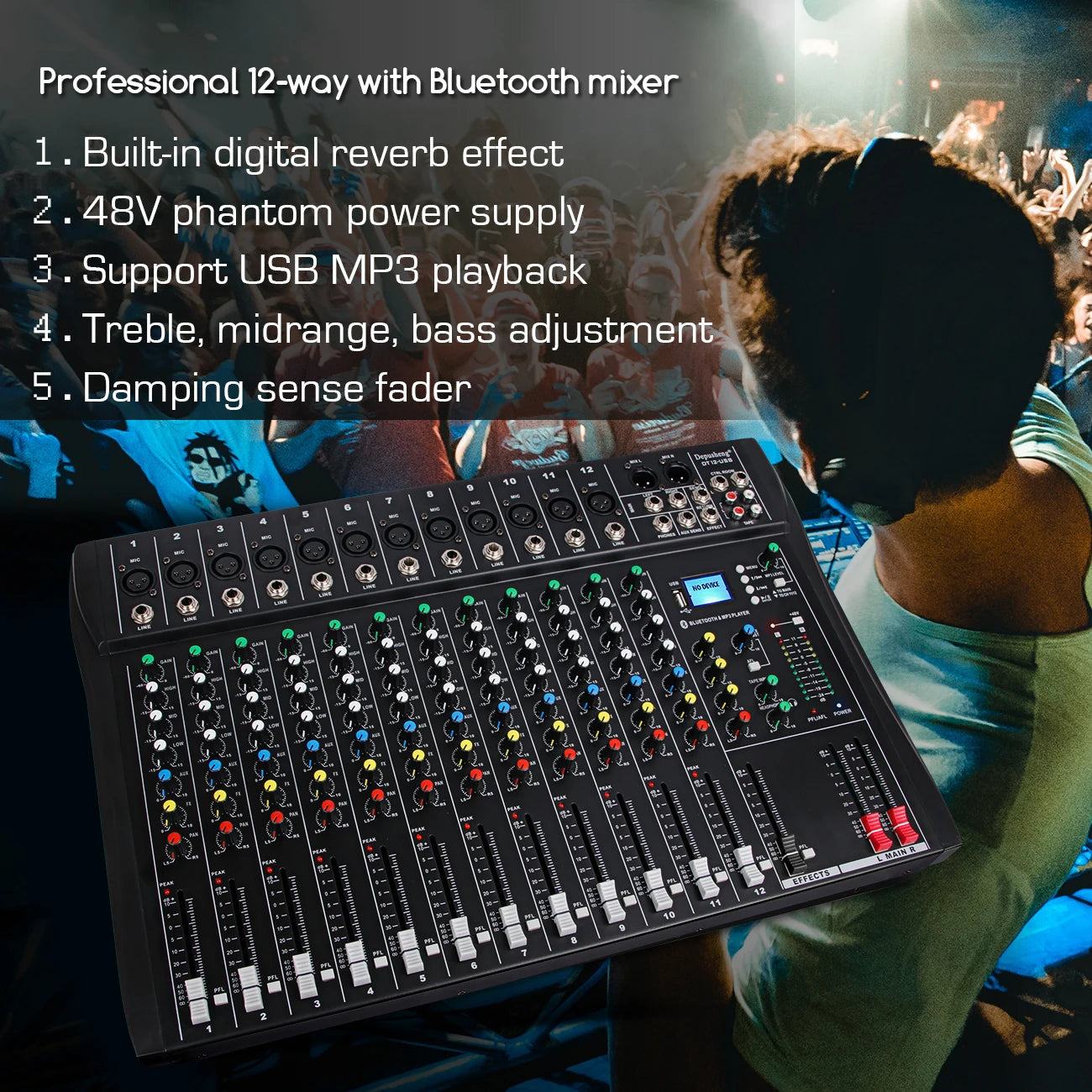 Depusheng 12-Channel Audio Mixer – Bluetooth, USB, 48V Phantom Power