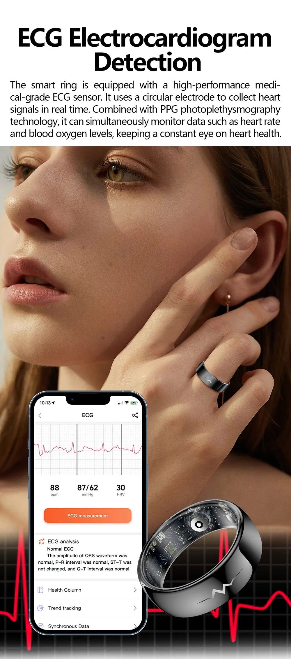 ECG Health Smart Ring – Heart, Blood Oxygen, Sleep Monitor, 5ATM Waterproof