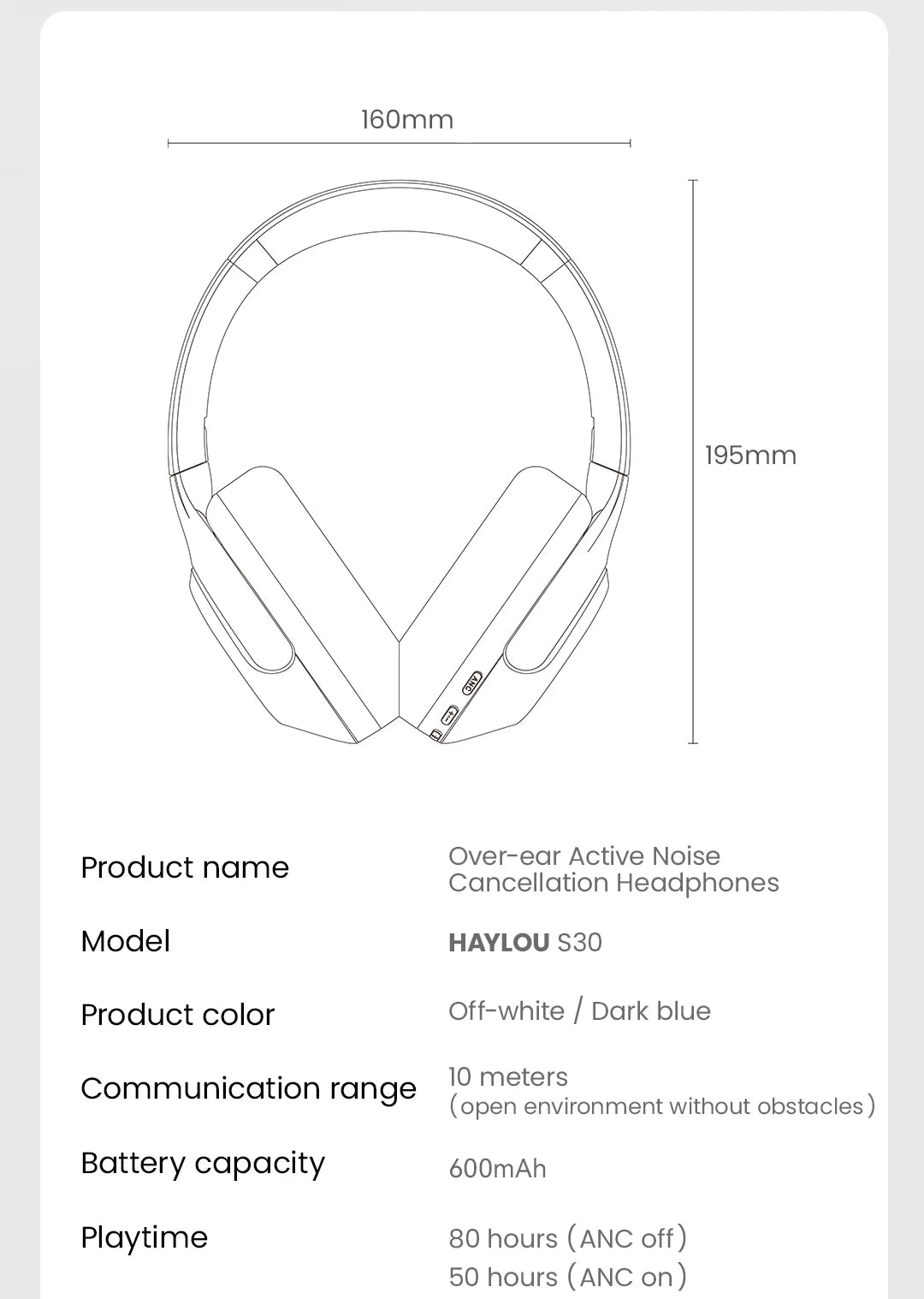 HAYLOU S30 Wireless Bluetooth 5.4 Headphones with ANC & 80H Playtime