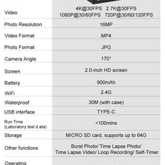 Ourlife 4K Action Camera Ultra HD 16MP WiFi 2.0 inch Screen 170D DVR Webcam Underwater 30M Helmet Video Recording Sport Camera