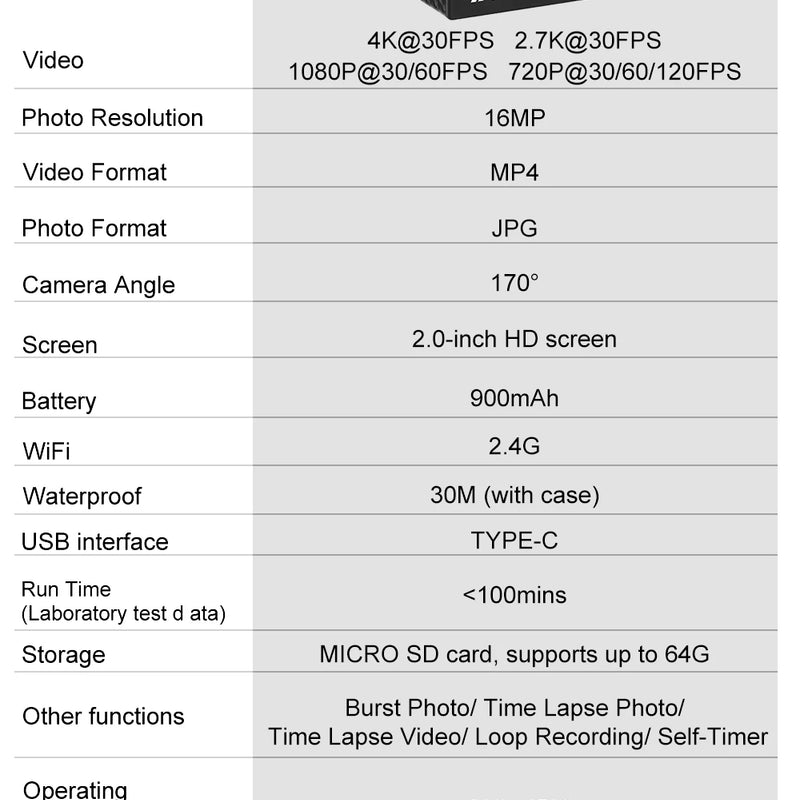 Ourlife 4K Action Camera Ultra HD 16MP WiFi 2.0 inch Screen 170D DVR Webcam Underwater 30M Helmet Video Recording Sport Camera